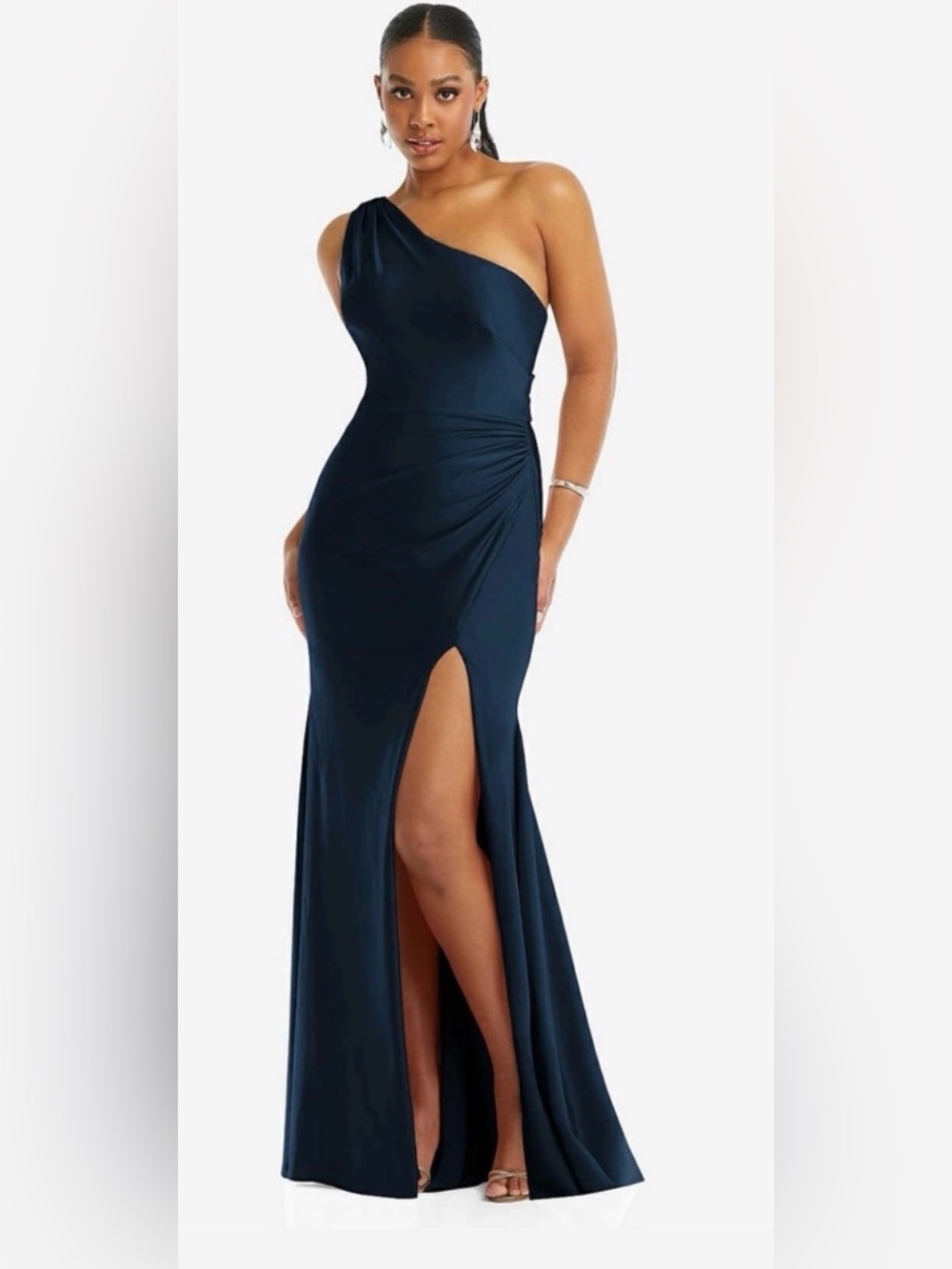 Cynthia & Sahar One Shoulder Asymmetrical Cowl Back Stretch Satin Dress in Navy